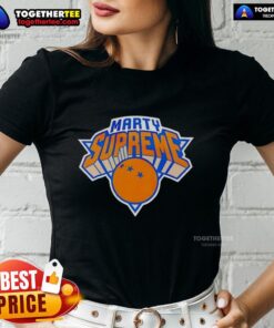 Official Marty Supreme New York Knicks logo parody ladies tee featuring a fun, stylish design for fans.
