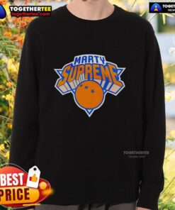 Alt Text: Official Marty Supreme New York Knicks logo parody sweatshirt featuring a unique design and vibrant colors.