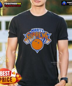 Official Marty Supreme New York Knicks logo parody T-shirt featuring a unique design for basketball fans.