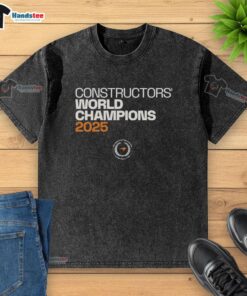 Official McLaren Constructors Champions 2025 washed t-shirt featuring vibrant branding and a casual fit for fans.