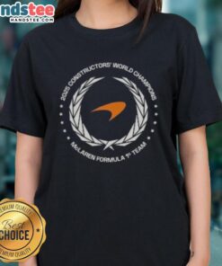 Official McLaren F1 Constructors Champions 2025 Ladies Tee featuring vibrant design and logo, perfect for motorsport fans.