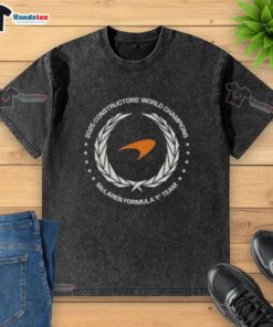 Official McLaren F1 Constructors Champions 2025 washed t-shirt featuring vibrant team colors and logo design.
