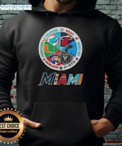 Official Miami All Sports hoodie featuring logos of Dolphins, Heat, Marlins, Miami FC, Panthers, and Hurricanes.