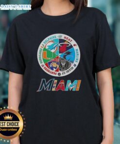 Alt Text: Official Miami all sports logos for Dolphins, Heat, Marlins, Miami FC, Panthers, and Hurricanes on a ladies tee.