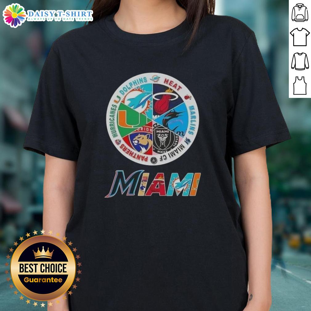 Official Miami All Sports Dolphins Heat Marlins Miami Fc Panthers Hurricanes Logos Ladies-Tee Alt Text: Official Miami all sports logos for Dolphins, Heat, Marlins, Miami FC, Panthers, and Hurricanes on a ladies tee.