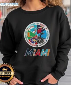 Alt Text: Official Miami All Sports sweatshirt featuring logos of Dolphins, Heat, Marlins, Miami FC, Panthers, and Hurricanes.