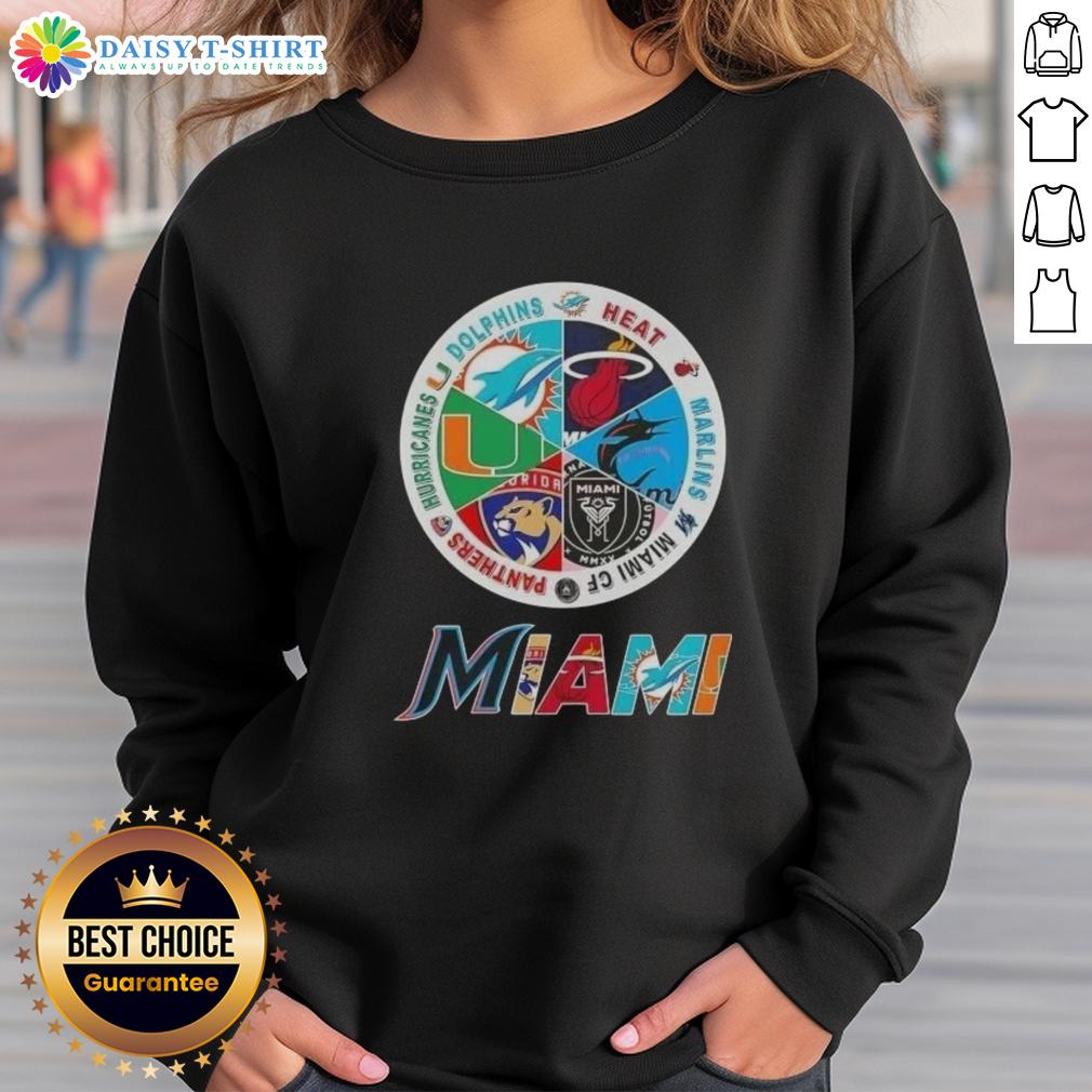 Official Miami All Sports Dolphins Heat Marlins Miami Fc Panthers Hurricanes Logos Sweatshirt Alt Text: Official Miami All Sports sweatshirt featuring logos of Dolphins, Heat, Marlins, Miami FC, Panthers, and Hurricanes.