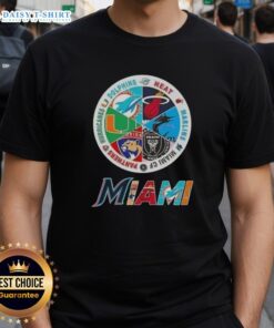 Alt Text: Official Miami All Sports T-Shirt featuring Dolphins, Heat, Marlins, Miami FC, Panthers, and Hurricanes logos.