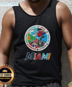 Alt Text: Official Miami all sports tank top featuring logos of Dolphins, Heat, Marlins, Miami FC, Panthers, and Hurricanes.