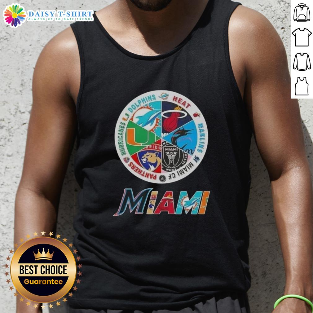 Official Miami All Sports Dolphins Heat Marlins Miami Fc Panthers Hurricanes Logos Tank Top Alt Text: Official Miami all sports tank top featuring logos of Dolphins, Heat, Marlins, Miami FC, Panthers, and Hurricanes.