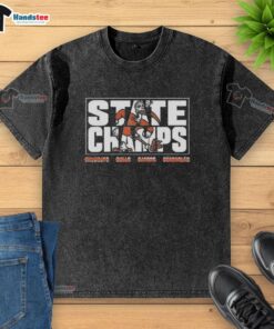 Official Miami Hurricanes Football State Champs Mascot Washed T-Shirt featuring vibrant team logo and colors.