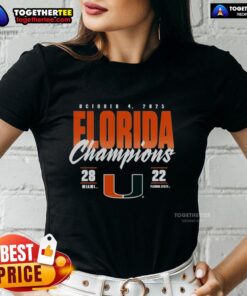 Official Miami Hurricanes vs Florida State Seminoles 2025 State Champions score on ladies tee shirt design.