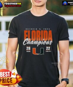 Official Miami Hurricanes vs. Florida State Seminoles 2025 State Champions Score T-Shirt design featuring team logos.