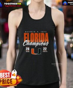 2025 State Champions tank top featuring Miami Hurricanes vs Florida State Seminoles logo and vibrant colors.