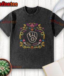 Alt Text: Official Milwaukee Brewers Dia de los Muertos MLB celebration washed t-shirt featuring vibrant skull graphics.