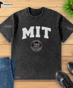 Alt Text: Official MIT University logo on a washed t-shirt, showcasing a casual style for proud Massachusetts Institute of Technology fans.