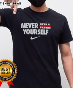 Alt Text: Official Never Kill Yourself Nike Logo T-Shirt featuring a bold logo design promoting mental health awareness.