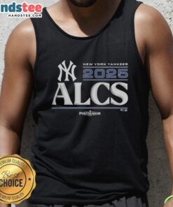 Official New York Yankees 2025 Division Series Winner tank top displayed in a locker room setting.