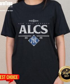 Alt Text: Official New York Yankees ALCS 2025 Championship Series ladies tee featuring team logo and stylish design.