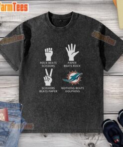 Alt Text: Official Miami Dolphins football logo on a washed t-shirt, perfect for fans and casual wear.