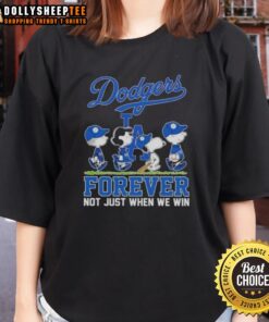 Alt Text: Official Peanuts Snoopy and Friends Los Angeles Dodgers Forever tee for ladies, celebrating team spirit and fun.