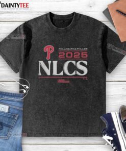 Official Philadelphia Phillies 2025 Division Series Winner locker room washed t-shirt displayed on a hanger.