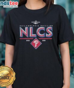 Official Philadelphia Phillies 2025 NLCS Division Series Winner Postseason Ladies Tee featuring team colors and logo.