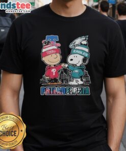Official Philadelphia Phillies Eagles 75th Anniversary Snoopy T-Shirt featuring vibrant graphics and team logos.