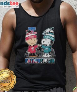 Official Philadelphia Phillies and Eagles 75th Anniversary Peanuts Snoopy tank top featuring vibrant graphics and team logos.