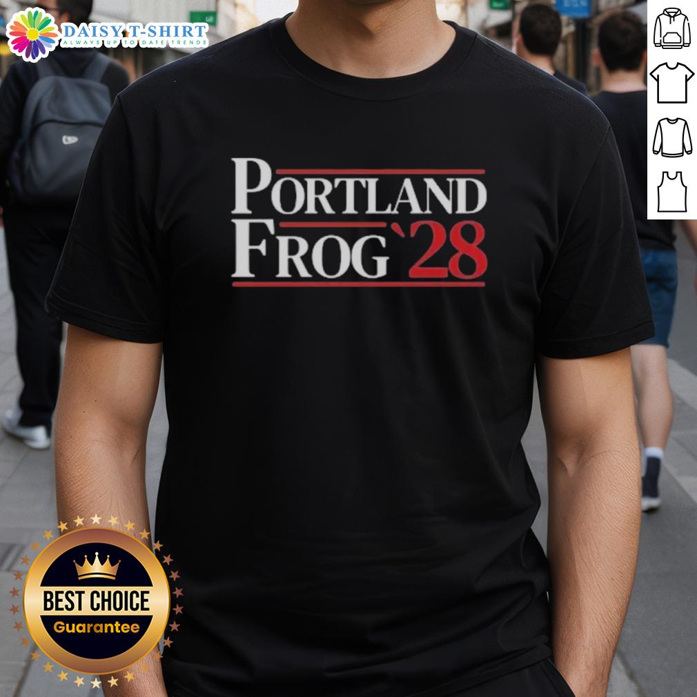 Official Portland Frog 2028 T Shirt Alt Text: Official Portland Frog 2028 T-Shirt featuring a vibrant frog design and bold lettering for a fun, sporty look.