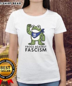 Official Portland Frog Against Fascism 86-47 Ladies Tee featuring a vibrant frog graphic and bold anti-fascism message.