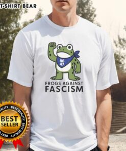 Alt Text: Official Portland Frog Against Fascism 86 47 T-Shirt featuring a vibrant frog design and bold anti-fascism message.