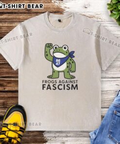 Official Portland Frog Against Fascism 86/47 washed t-shirt featuring a vibrant frog graphic and bold anti-fascism message.