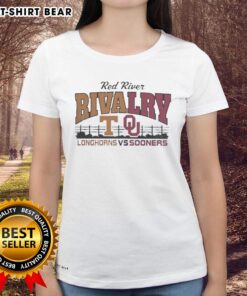 Alt Text: Official Red River Texas Longhorns and Oklahoma Sooners ladies tee showcasing team logos and stylish design.