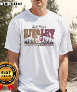 Alt Text: Official Red River Texas Longhorns and Oklahoma Sooners T-shirt featuring team logos and vibrant colors for fans.