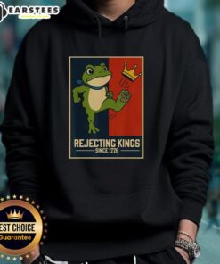 Portland Frog Hoodie featuring 'Official Rejecting Kings Since 1776' design, perfect for casual style and comfort.