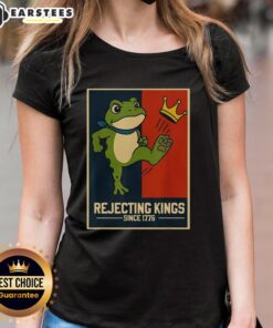 Portland Frog Ladies Tee featuring 'Official Rejecting Kings Since 1776' design, perfect for casual wear and humor.