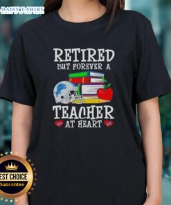 Detroit Lions football ladies tee for retired teachers, showcasing 'Retired But Forever A Teacher At Heart' design.