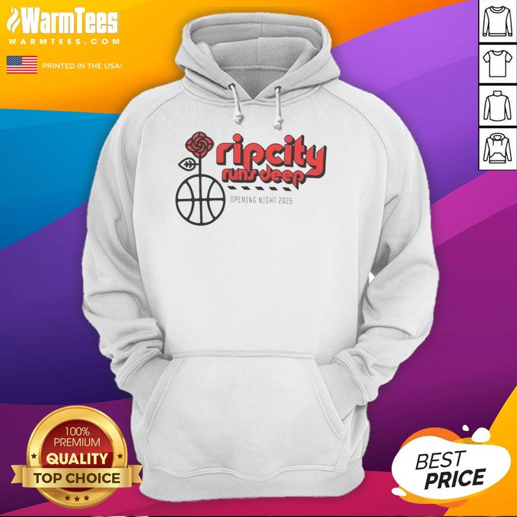 official-rip-city-runs-deep-opening-night-2025-hoodie Official Rip City Runs Deep Opening Night 2025 Hoodie displayed on a hanger, featuring team colors and logo.