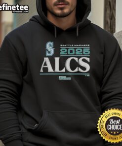 Alt Text: Official Seattle Mariners 2025 Division Series Winner locker room hoodie displayed on a hanger with team logo.
