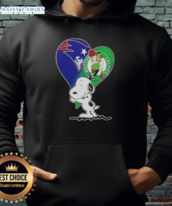 Official Snoopy Hug Heart Hoodie featuring New England Patriots and Boston Celtics designs, perfect for sports fans.