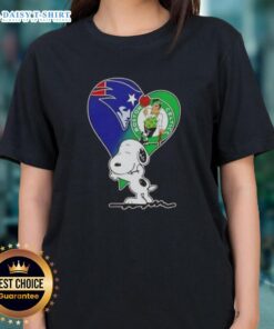 Alt Text: Official Snoopy heart graphic tee for ladies, featuring New England Patriots and Boston Celtics logos.