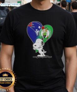 Alt Text: Official Snoopy Hug Heart T-Shirt featuring New England Patriots and Boston Celtics logo, perfect for sports fans.
