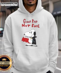 Official Snoopy Vampire Good Bad Not Evil Hoodie featuring a playful Snoopy design in a stylish, cozy fit.