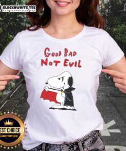 Official Snoopy Vampire Good Bad Not Evil Ladies Tee featuring a playful Snoopy design for Halloween style.