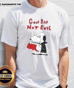 Alt Text: Official Snoopy Vampire Good Bad Not Evil T-Shirt featuring Snoopy dressed as a vampire, perfect for Halloween.