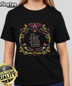 Alt Text: Official St. Louis Cardinals Dia de los Muertos MLB celebration ladies tee featuring vibrant skull design.