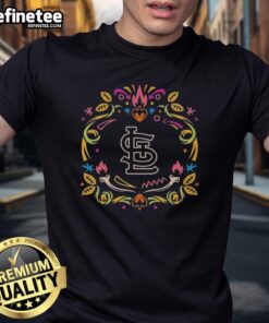 Alt Text: Official St. Louis Cardinals Da De Los Muertos MLB celebration t-shirt featuring vibrant designs and team logo.
