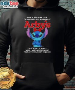 Grumpy girl wearing an Official Stitch hoodie at Arby's, showcasing 'Don't Piss Me Off' design for a fun, casual vibe.