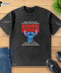 Official Stitch 'Don't Piss Me Off, I'm a Grumpy Girl' t-shirt for Burger King employees, featuring a fun design.